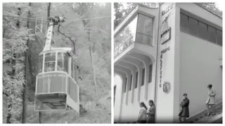 O imagine în două panouri: la stânga, un vechi cabină de telecabina suspendată pe cablu într-un pădure, iar la dreapta, o clădire cu o scară exterioară și mai mulți oameni în picioare.