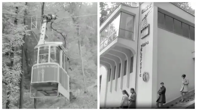 O imagine în două panouri: la stânga, un vechi cabină de telecabina suspendată pe cablu într-un pădure, iar la dreapta, o clădire cu o scară exterioară și mai mulți oameni în picioare.