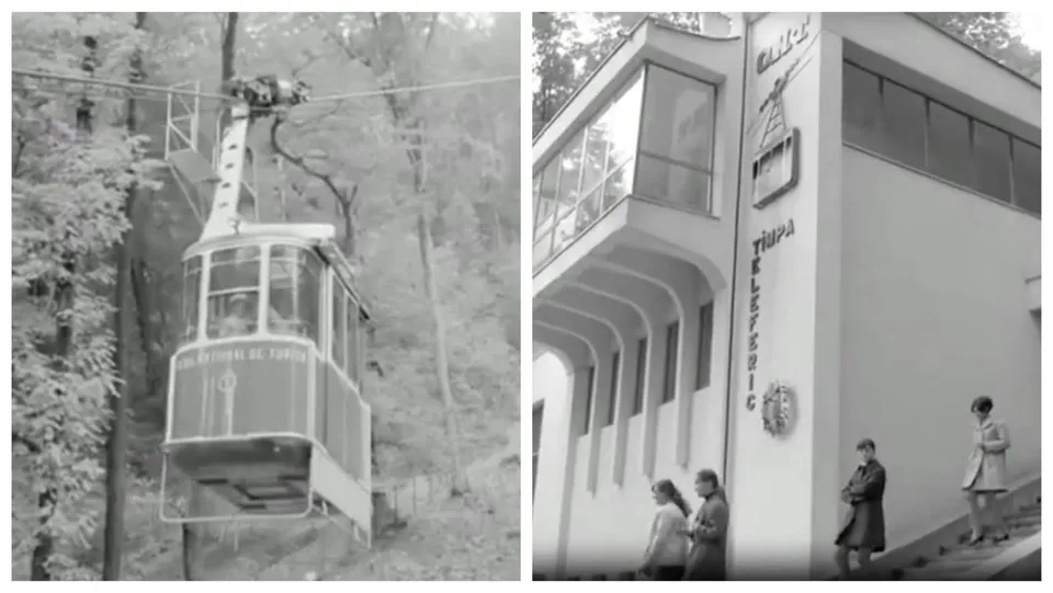 O imagine în două panouri: la stânga, un vechi cabină de telecabina suspendată pe cablu într-un pădure, iar la dreapta, o clădire cu o scară exterioară și mai mulți oameni în picioare.