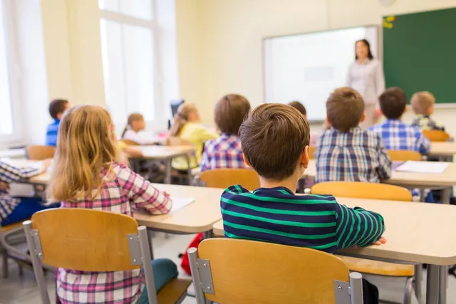 Copii stau la bănci în interiorul unei săli de clasă, cu spatele la cameră, privind spre o persoană aflată în fața unui panou alb.